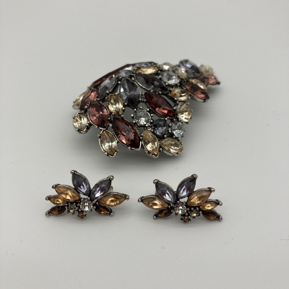 OHQ Autumn Toned Rhinestone Brooch & Earring Set - Smoky Glass Cluster Jewelry